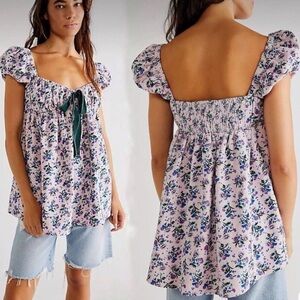 NWOT Free People Gaia Floral Puff Sleeve Tunic - Lavender